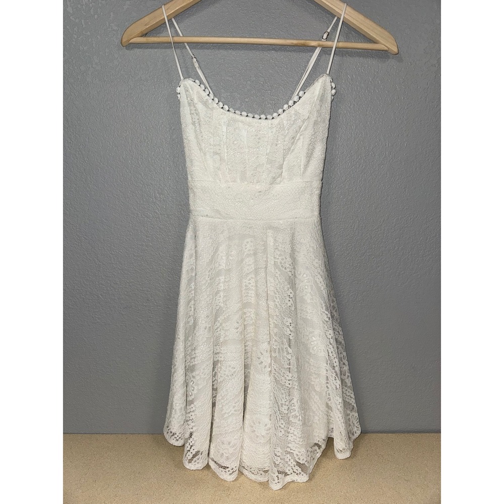Selfie Leslie White Lace Mini Dress Pom Pom Trim Cross Back XS